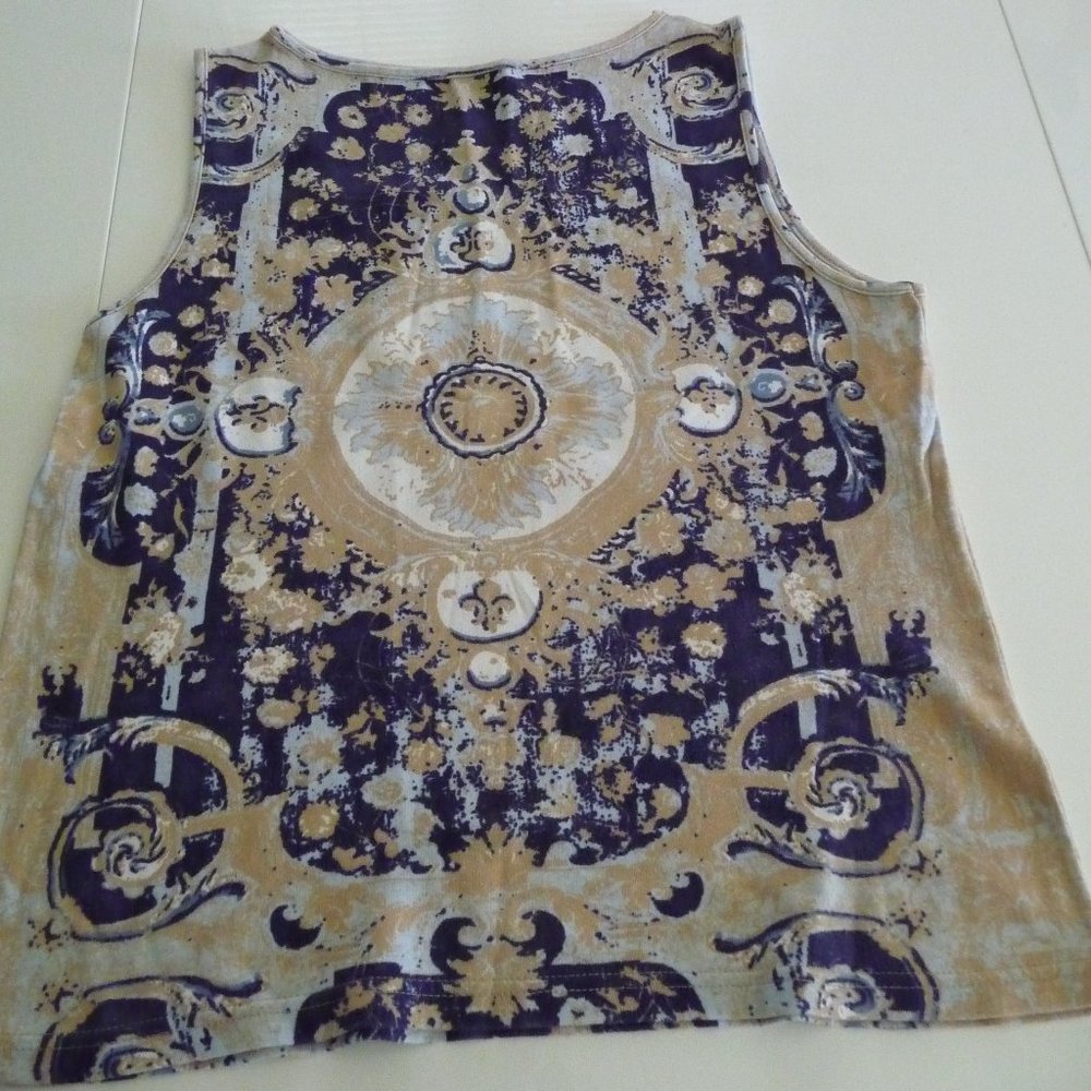 ITALIAN PIMA COTTON SLEEVELESS TAN NAVY WHITE ORIENTAL PRINT  TANK TOP S…